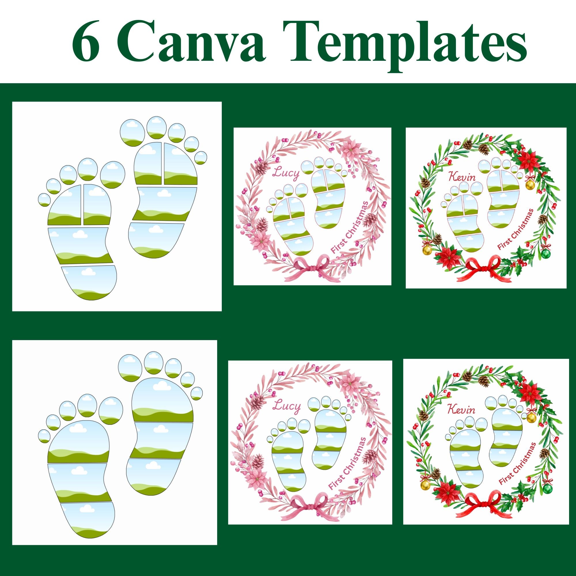 Drag-and-Drop Newborn Footprint Collage: 6-Pack Christmas Canva Frames